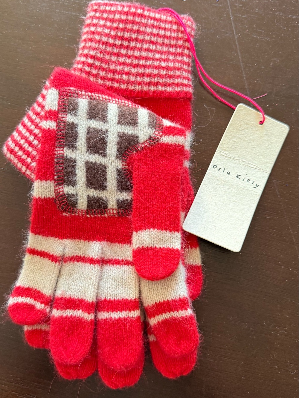 Orla Kiely Red, Cream & Brown Striped Knit Gloves